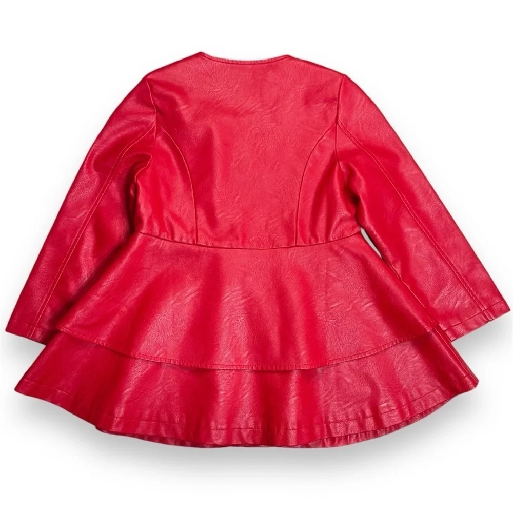 The Twins Dream Girl 7/8 Red Vegan Leather Dress Coat Jacket Rose Peplum Holiday